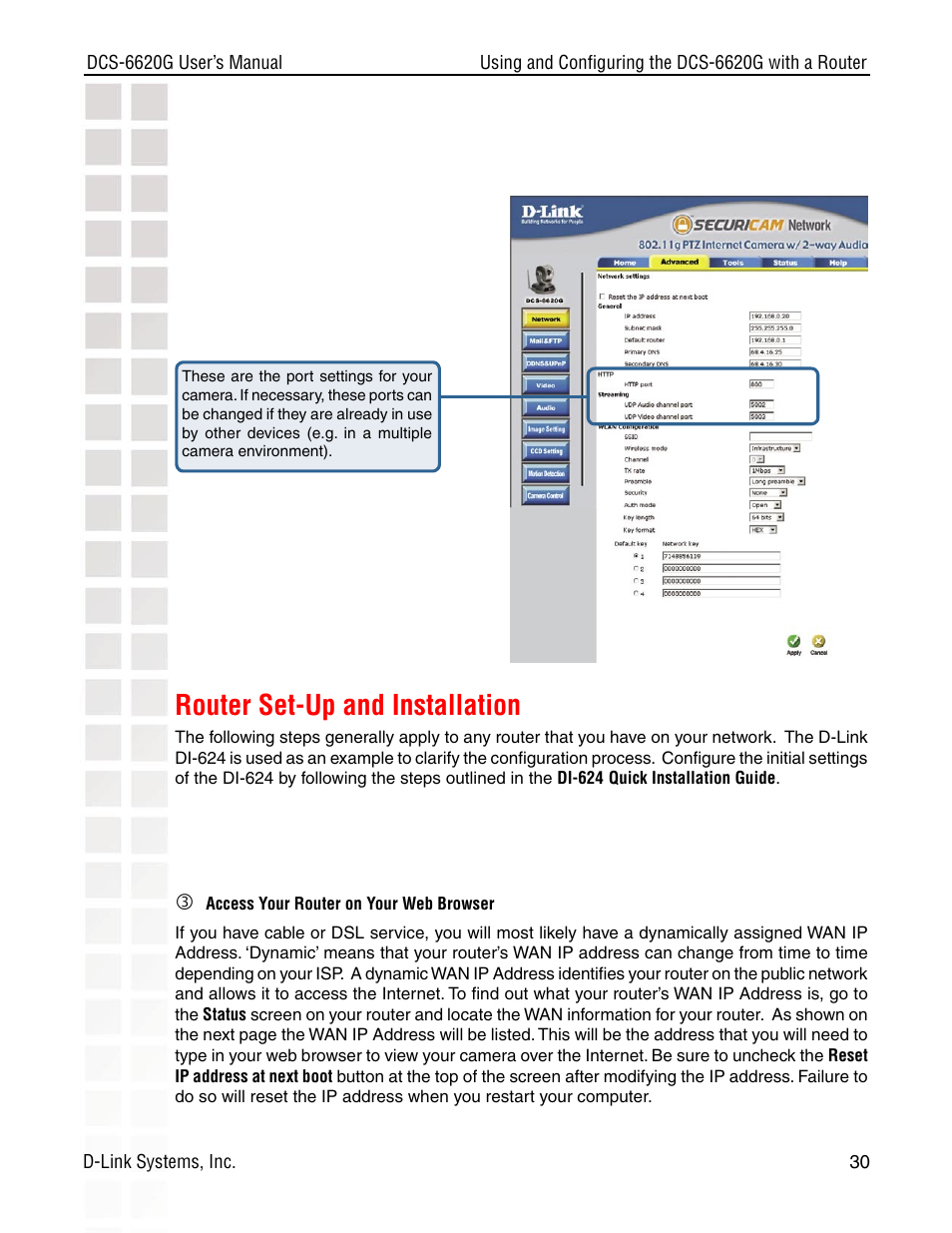 Router set-up and installation | D-Link DCS-6620G User Manual | Page 30 / 145