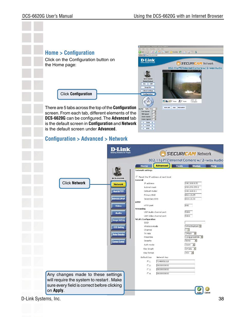 Home > conﬁguration, Conﬁguration > advanced > network | D-Link DCS-6620G User Manual | Page 38 / 145