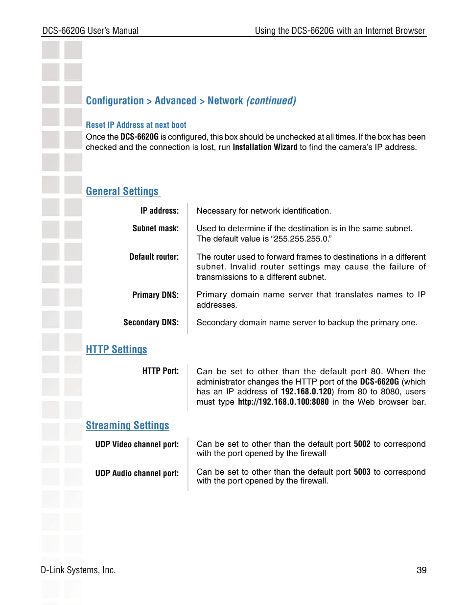Conﬁguration > advanced > network (continued) | D-Link DCS-6620G User Manual | Page 39 / 145