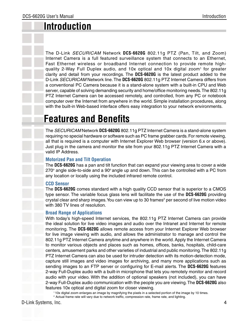 Introduction, Features and beneﬁts | D-Link DCS-6620G User Manual | Page 4 / 145