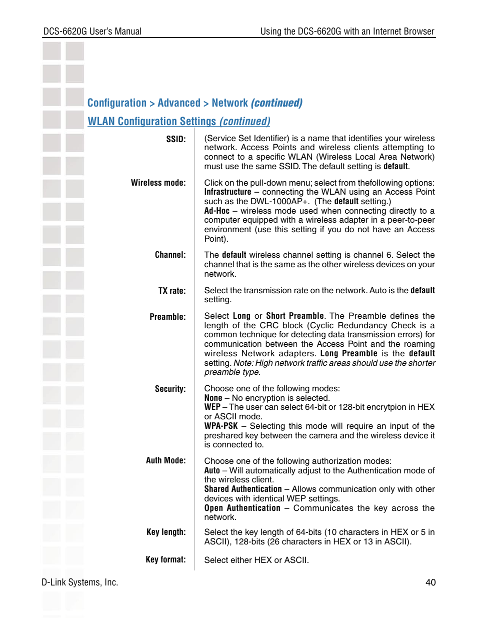 Wlan conﬁguration settings (continued), Conﬁguration > advanced > network (continued) | D-Link DCS-6620G User Manual | Page 40 / 145