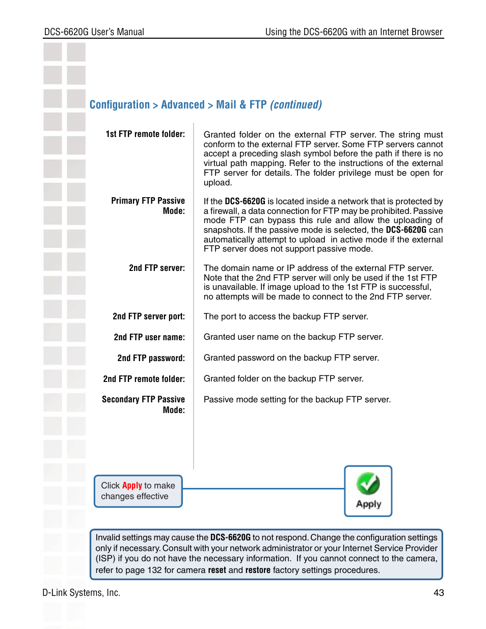 Conﬁguration > advanced > mail & ftp (continued) | D-Link DCS-6620G User Manual | Page 43 / 145
