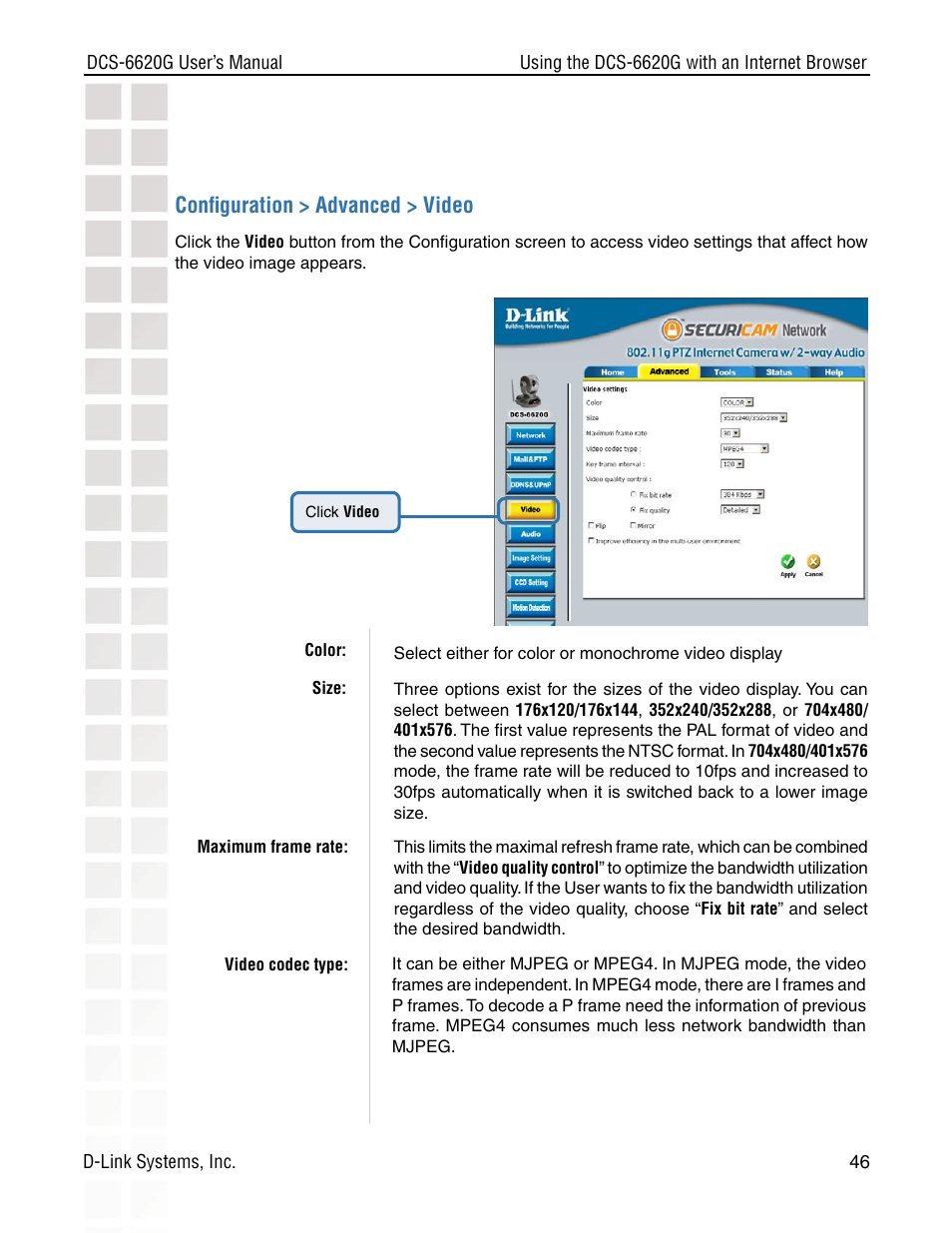 Conﬁguration > advanced > video | D-Link DCS-6620G User Manual | Page 46 / 145