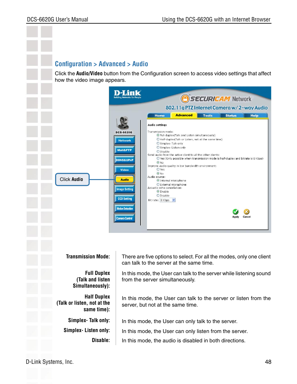 Conﬁguration > advanced > audio | D-Link DCS-6620G User Manual | Page 48 / 145