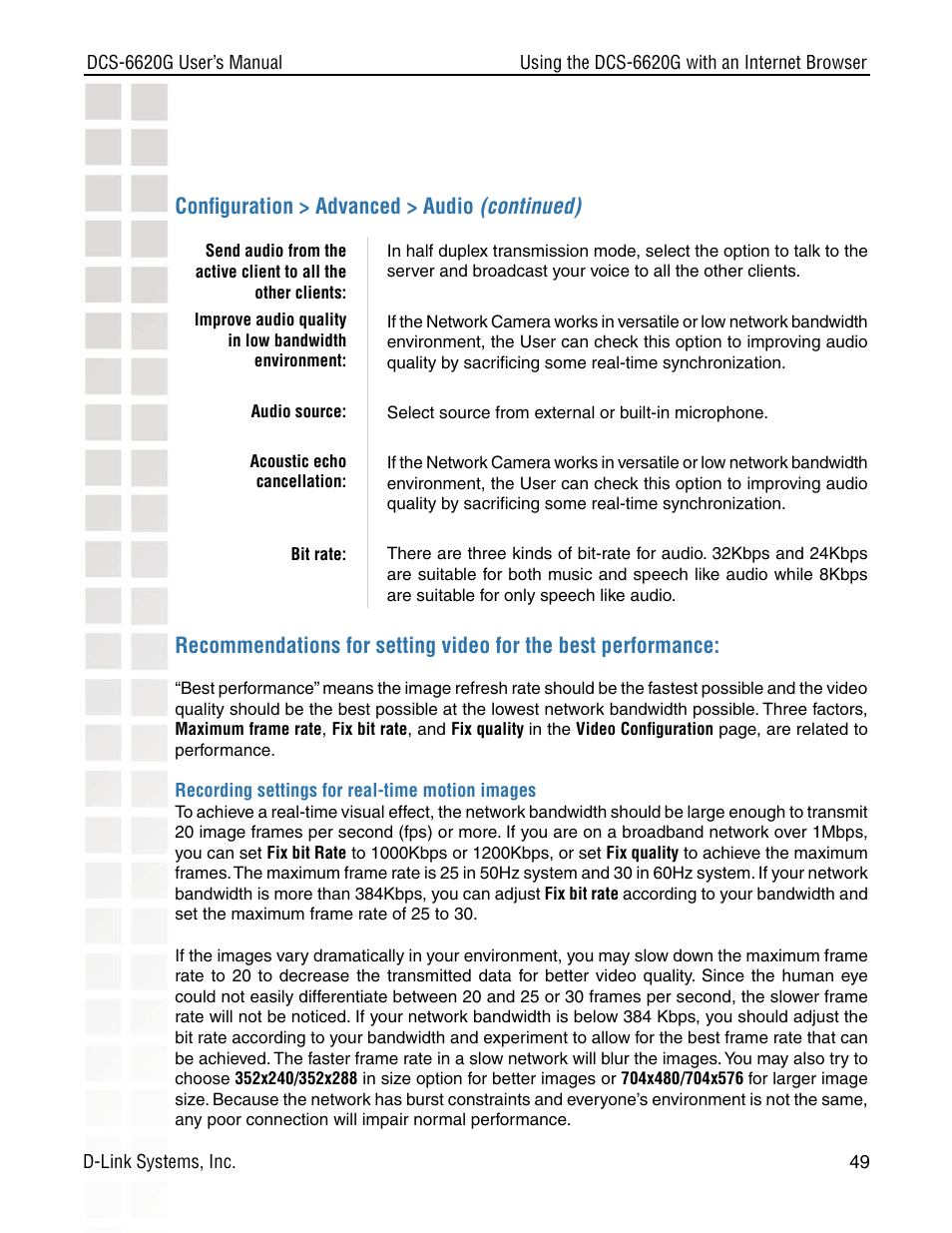 Conﬁguration > advanced > audio (continued) | D-Link DCS-6620G User Manual | Page 49 / 145