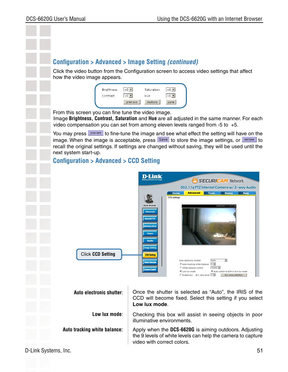 Conﬁguration > advanced > ccd setting | D-Link DCS-6620G User Manual | Page 51 / 145