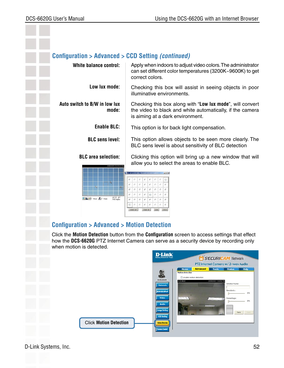Conﬁguration > advanced > motion detection, Conﬁguration > advanced > ccd setting (continued) | D-Link DCS-6620G User Manual | Page 52 / 145