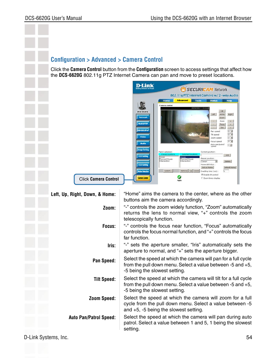 Conﬁguration > advanced > camera control | D-Link DCS-6620G User Manual | Page 54 / 145