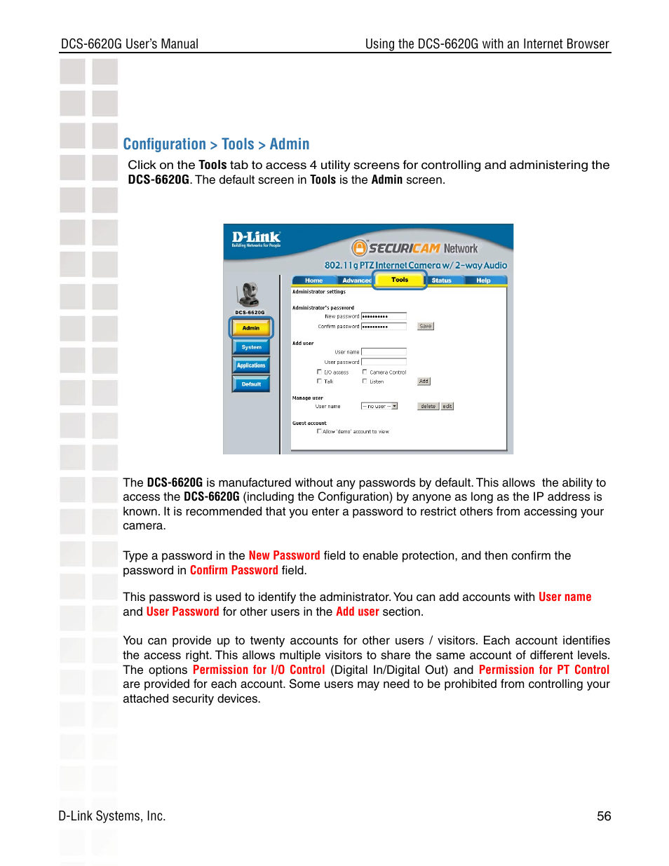 Conﬁguration > tools > admin | D-Link DCS-6620G User Manual | Page 56 / 145
