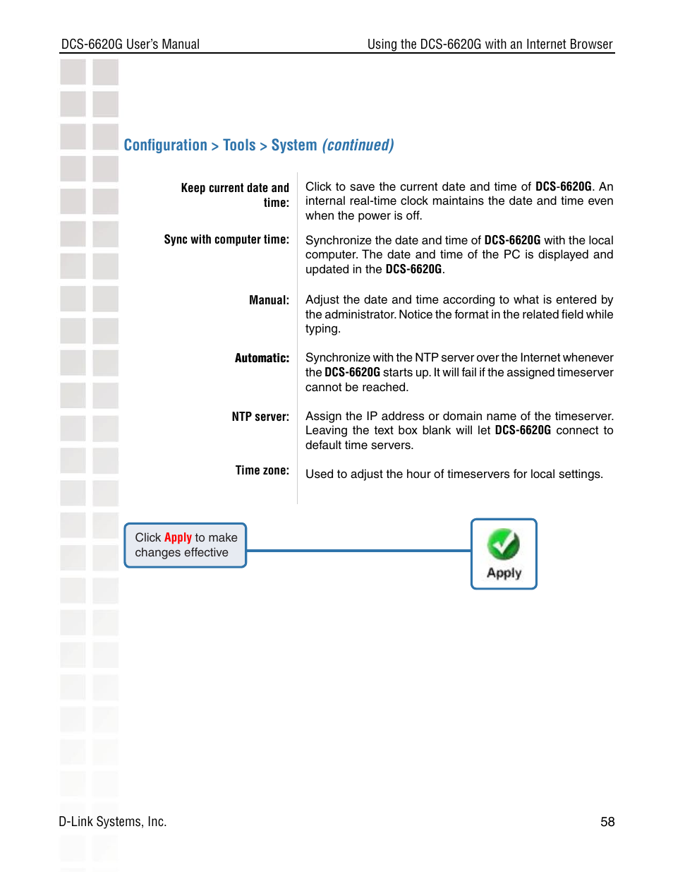 Conﬁguration > tools > system (continued) | D-Link DCS-6620G User Manual | Page 58 / 145