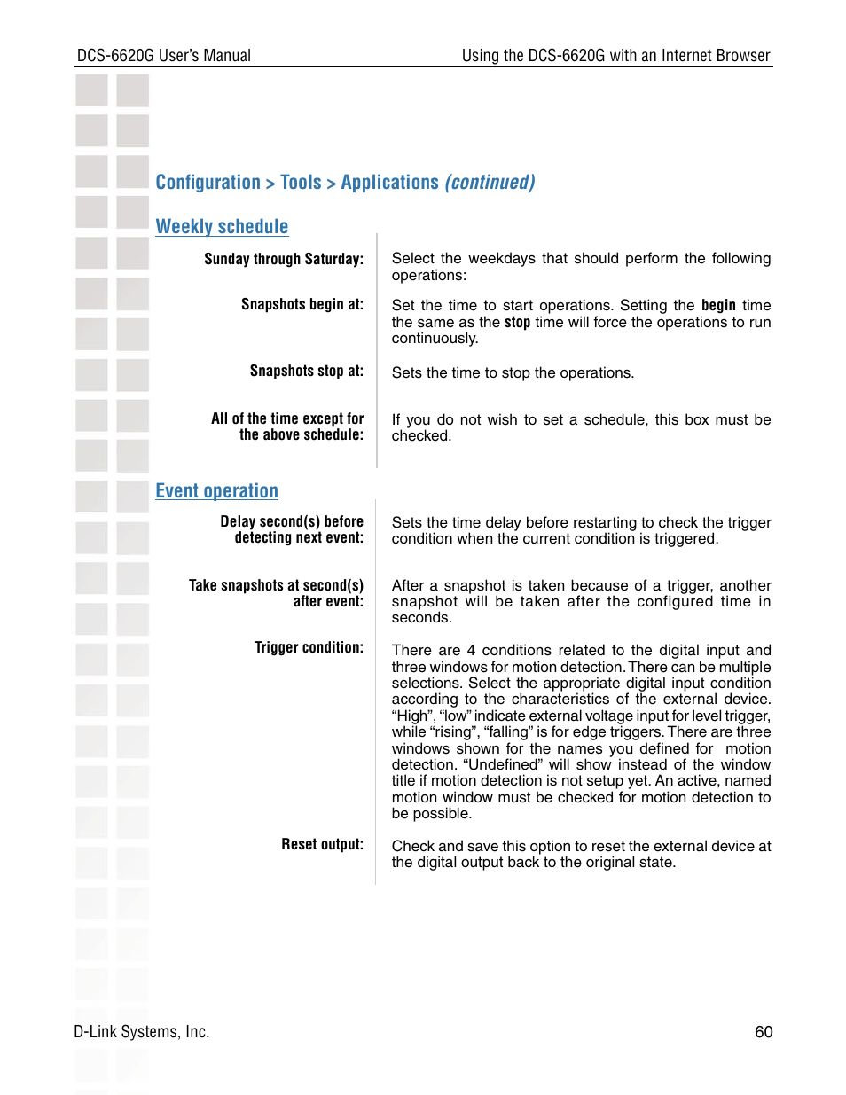 Conﬁguration > tools > applications (continued), Weekly schedule, Event operation | D-Link DCS-6620G User Manual | Page 60 / 145