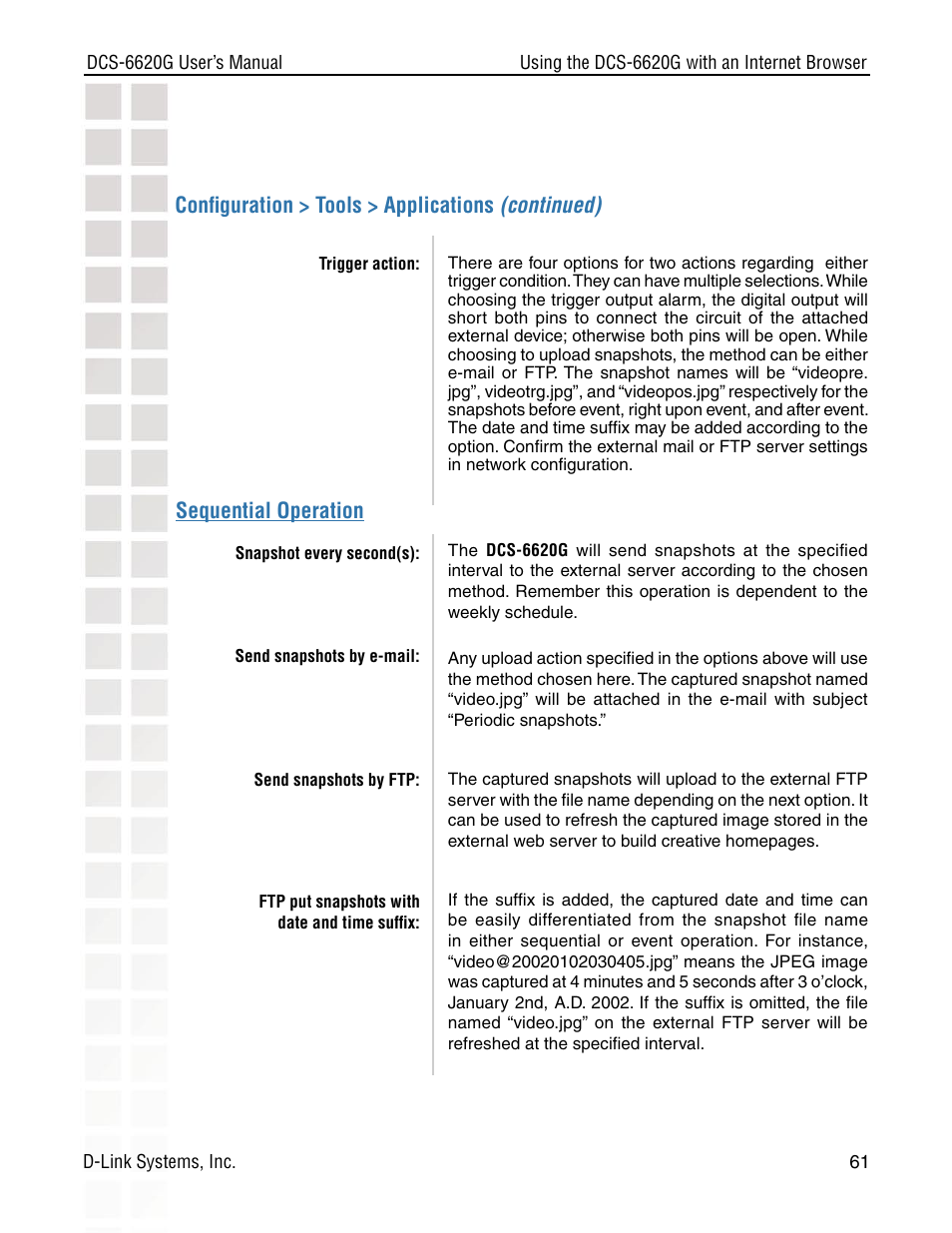 Conﬁguration > tools > applications (continued), Sequential operation | D-Link DCS-6620G User Manual | Page 61 / 145