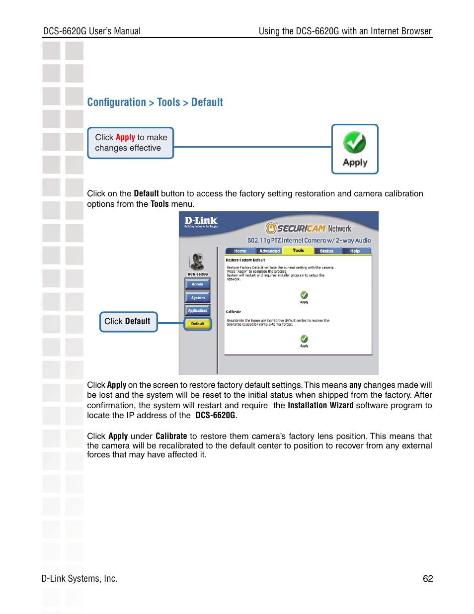 Conﬁguration > tools > default | D-Link DCS-6620G User Manual | Page 62 / 145