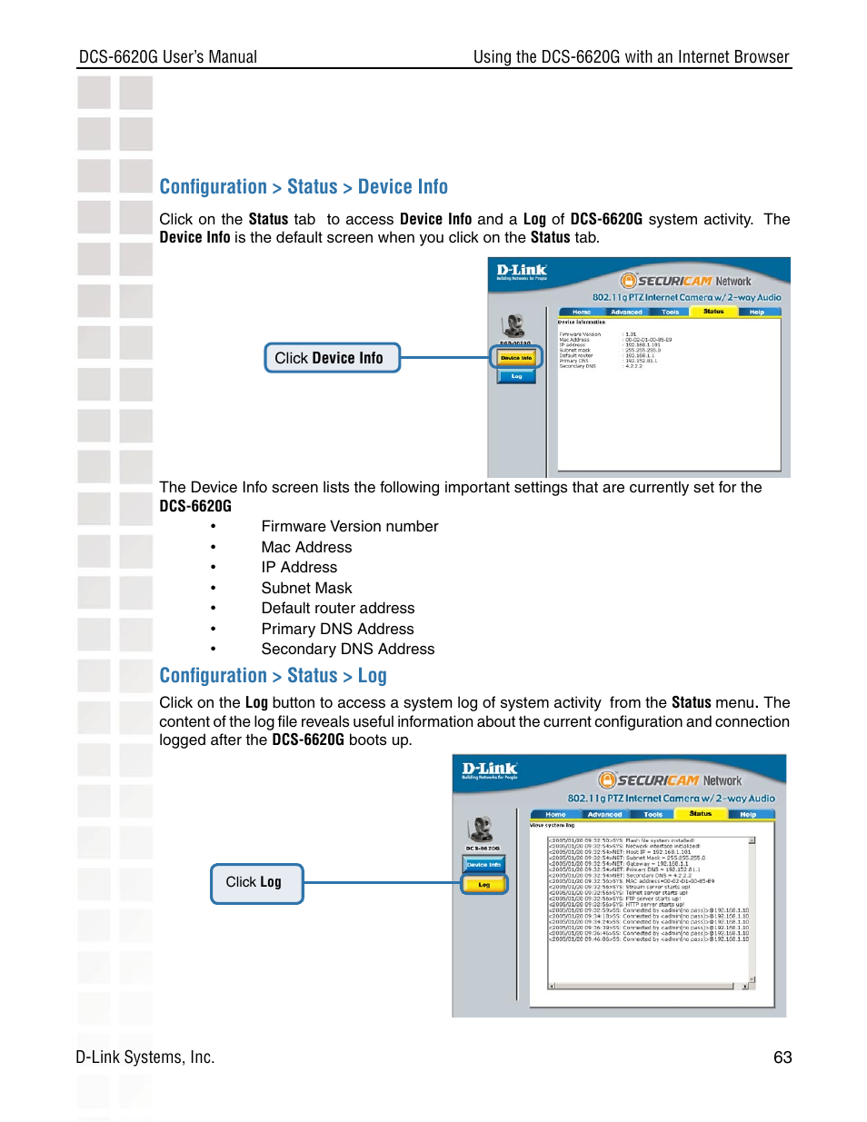 Conﬁguration > status > log, Conﬁguration > status > device info | D-Link DCS-6620G User Manual | Page 63 / 145
