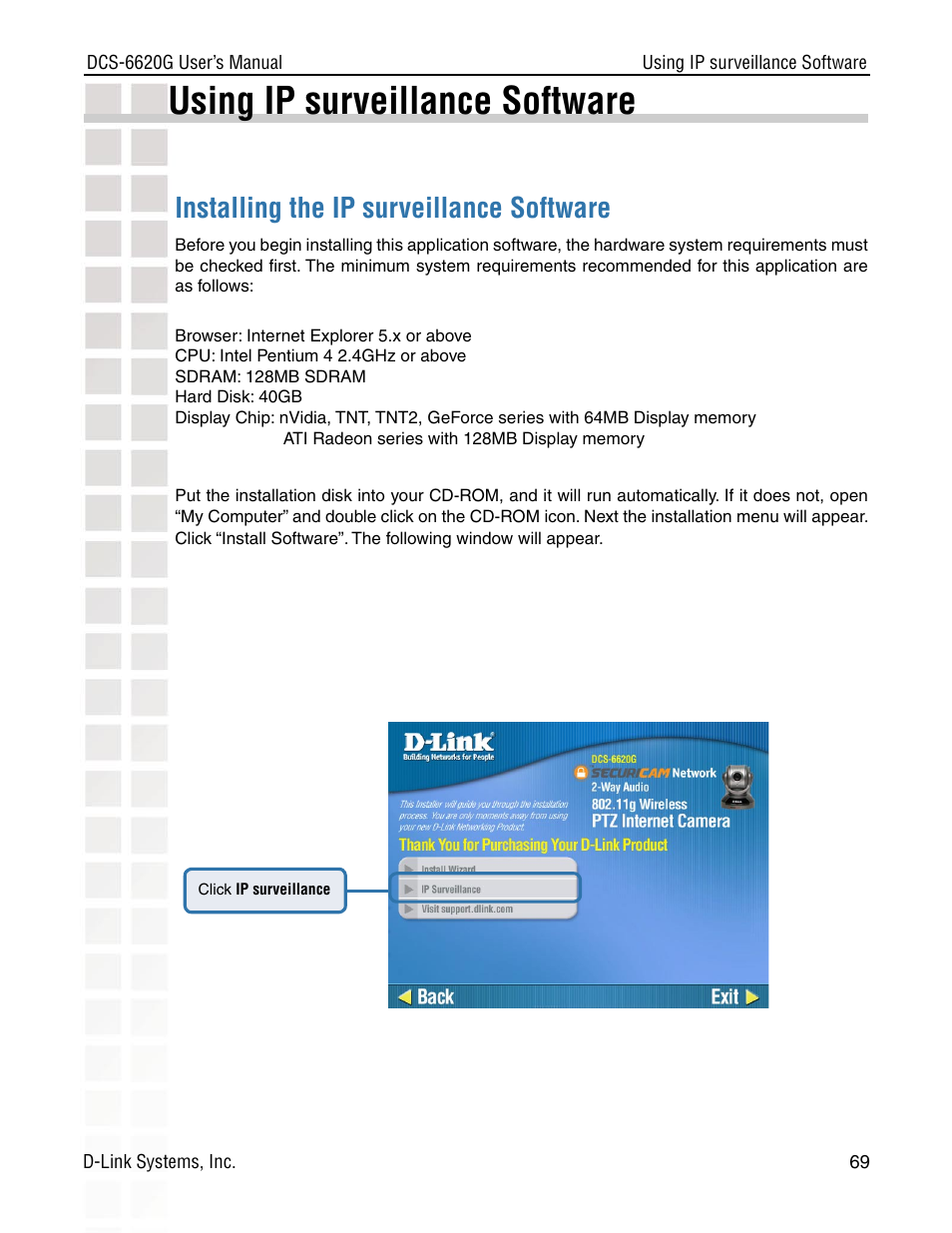 Using ip surveillance software, Installing the ip surveillance software | D-Link DCS-6620G User Manual | Page 69 / 145