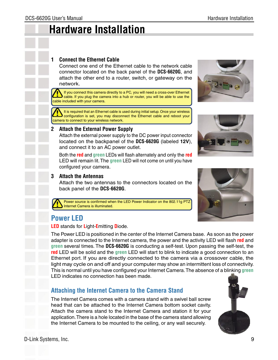 Hardware installation, Power led, Attaching the internet camera to the camera stand | D-Link DCS-6620G User Manual | Page 9 / 145