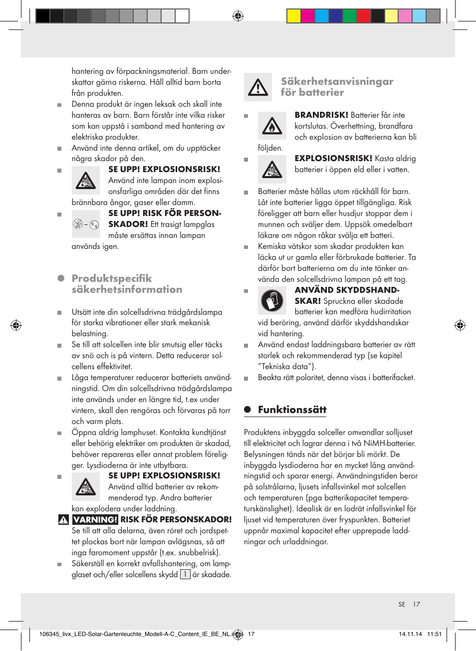 Produktspecifik säkerhetsinformation, Säkerhetsanvisningar för batterier, Funktionssätt | Livarno Z31094A/Z31094B/Z31854 User Manual | Page 17 / 38