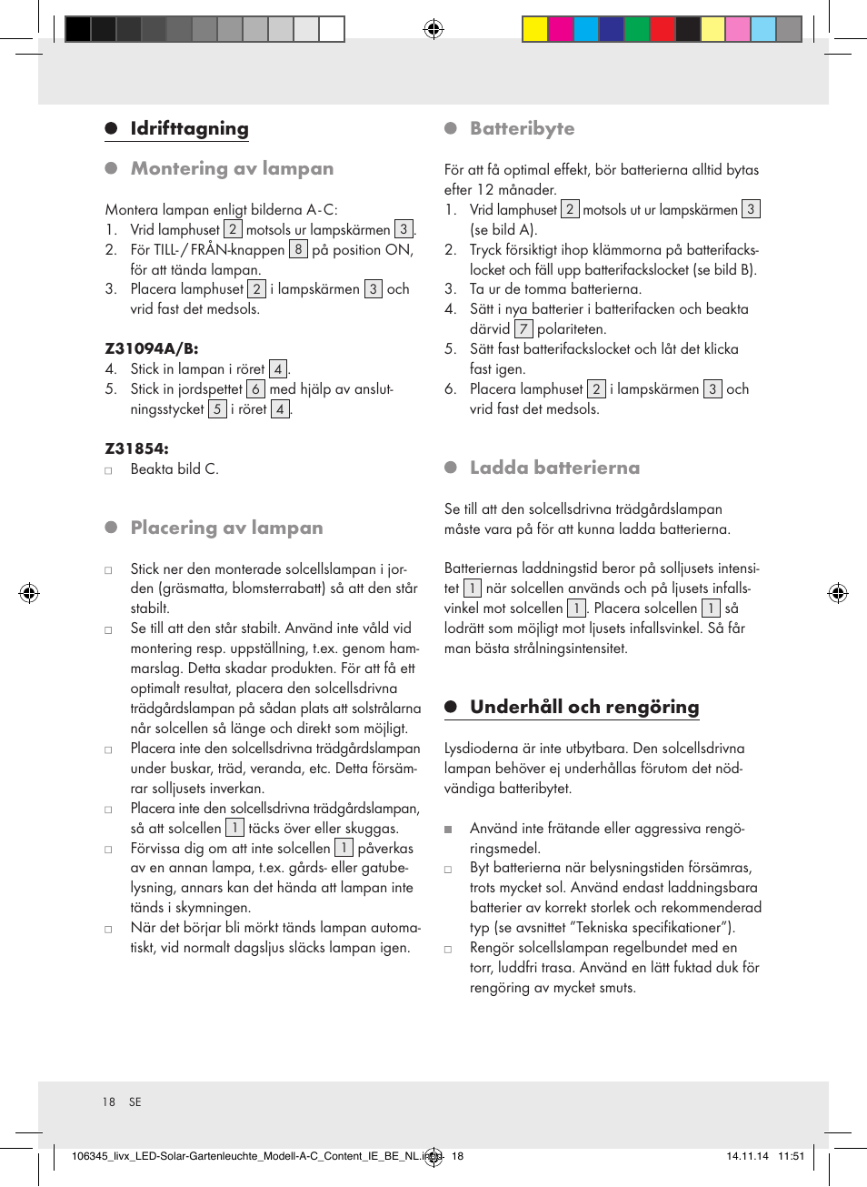 Idrifttagning, Montering av lampan, Placering av lampan | Batteribyte, Ladda batterierna, Underhåll och rengöring | Livarno Z31094A/Z31094B/Z31854 User Manual | Page 18 / 38