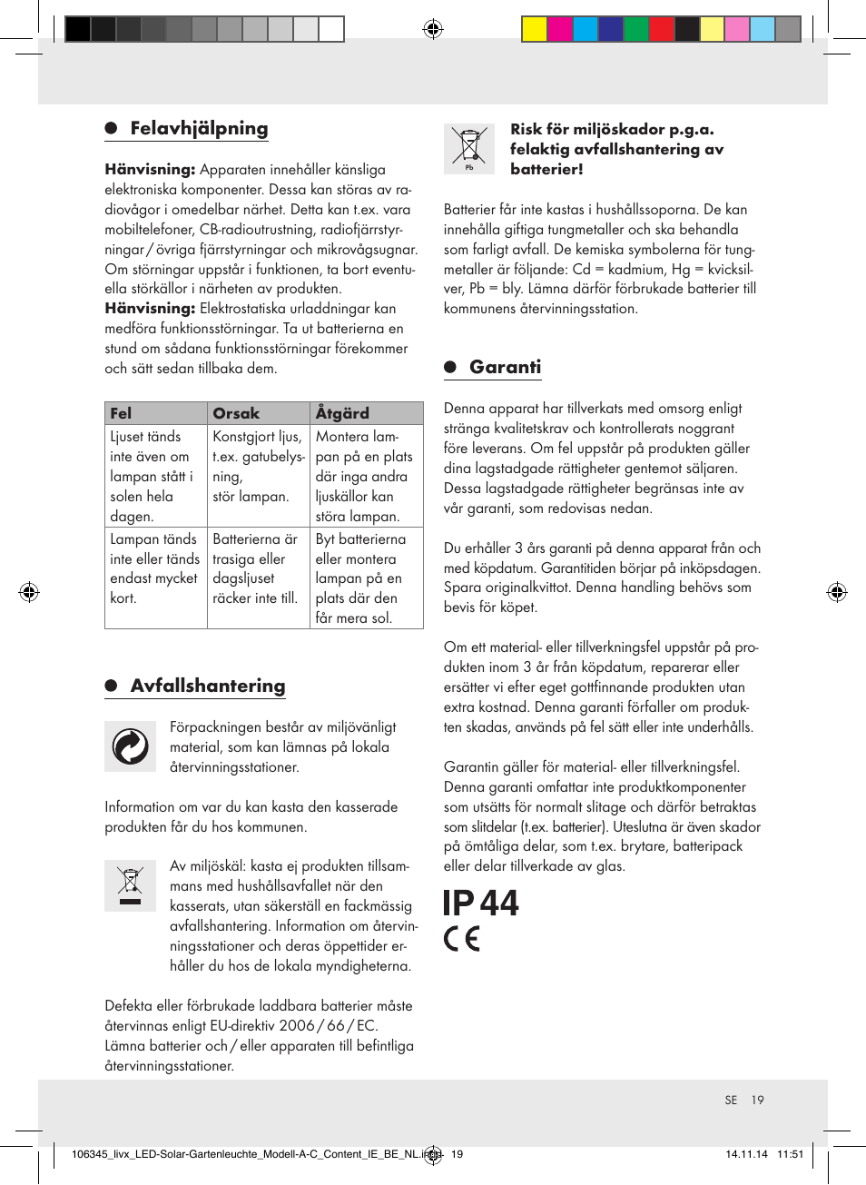 Felavhjälpning, Avfallshantering, Garanti | Livarno Z31094A/Z31094B/Z31854 User Manual | Page 19 / 38