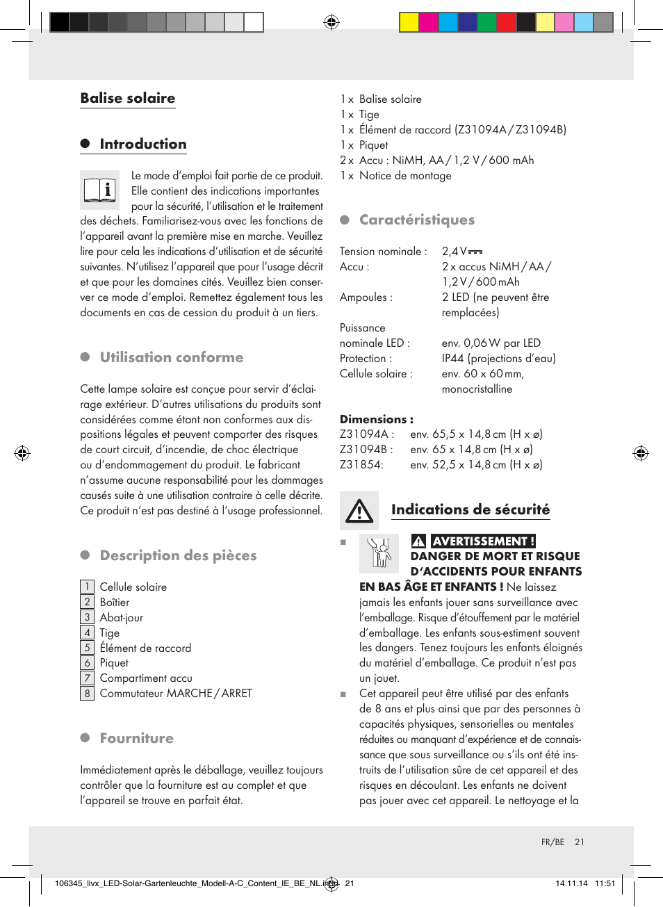 Balise solaire, Introduction, Utilisation conforme | Description des pièces, Fourniture, Caractéristiques, Indications de sécurité | Livarno Z31094A/Z31094B/Z31854 User Manual | Page 21 / 38