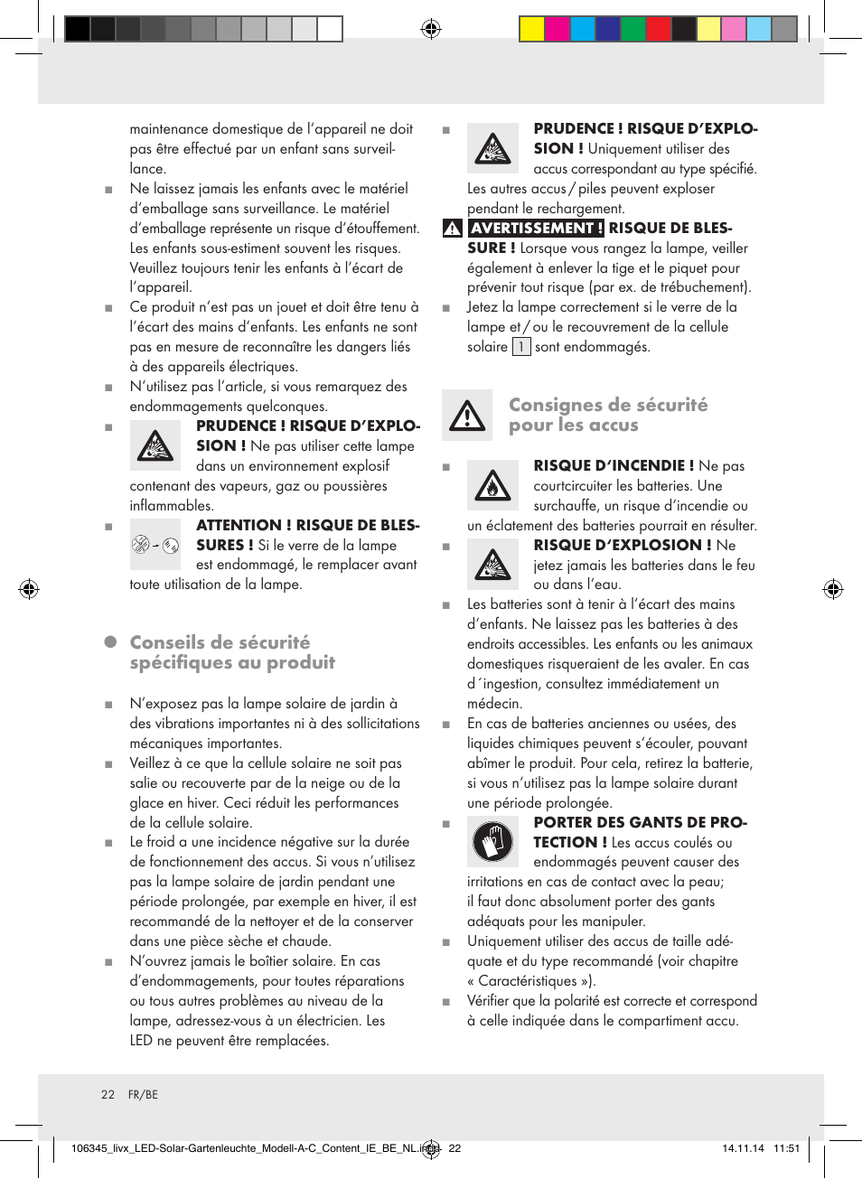 Conseils de sécurité spécifiques au produit, Consignes de sécurité pour les accus | Livarno Z31094A/Z31094B/Z31854 User Manual | Page 22 / 38