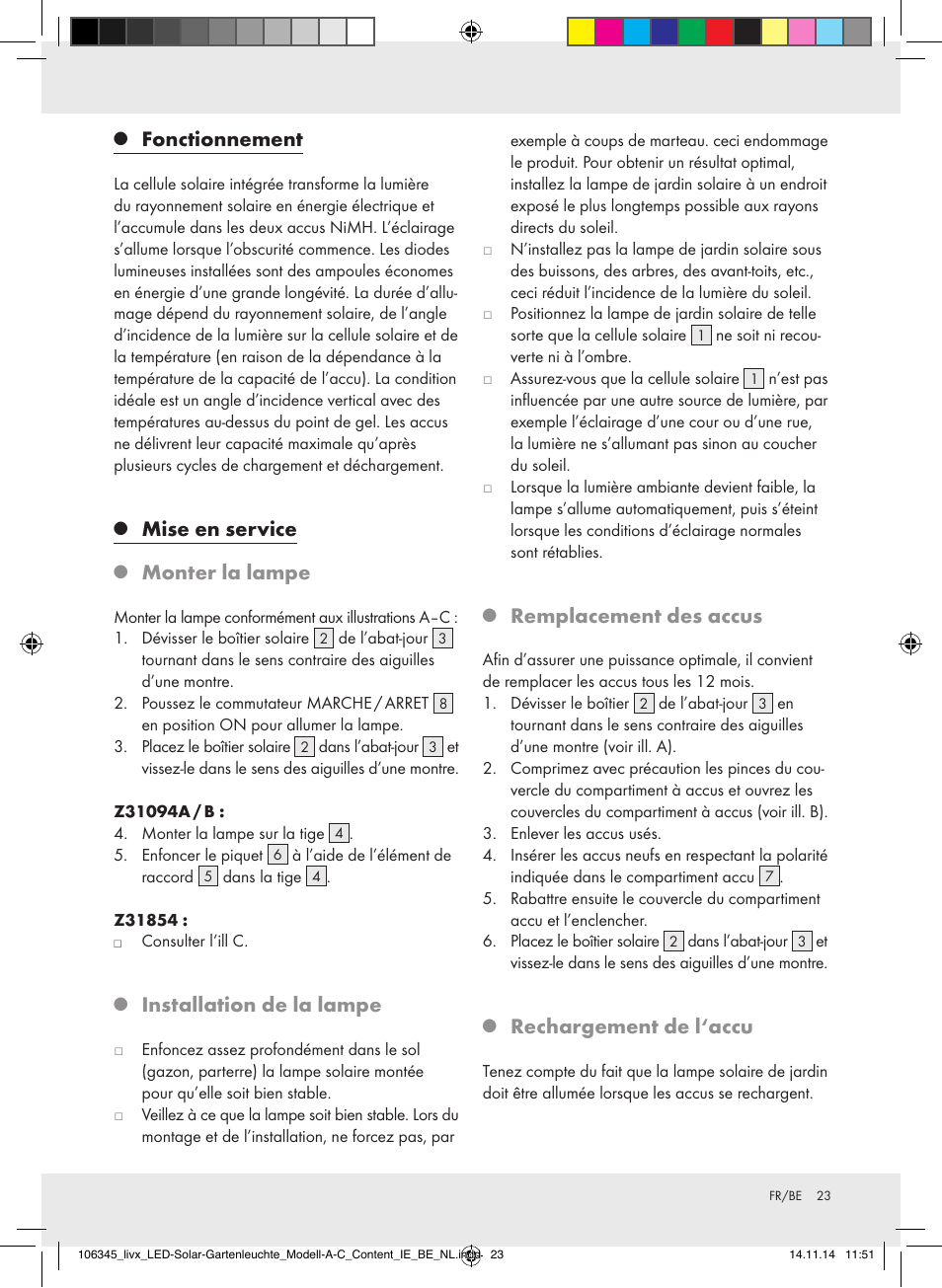 Fonctionnement, Mise en service, Monter la lampe | Installation de la lampe, Remplacement des accus, Rechargement de l‘accu | Livarno Z31094A/Z31094B/Z31854 User Manual | Page 23 / 38