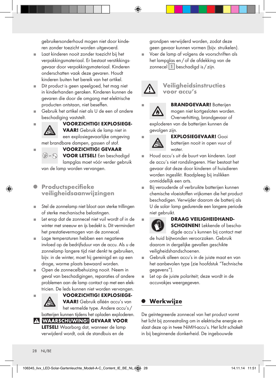 Productspecifieke veiligheidsaanwijzingen, Veiligheidsinstructies voor accu’s, Werkwijze | Livarno Z31094A/Z31094B/Z31854 User Manual | Page 28 / 38