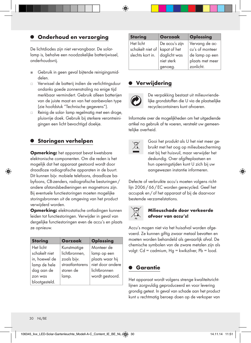 Onderhoud en verzorging, Storingen verhelpen, Verwijdering | Garantie | Livarno Z31094A/Z31094B/Z31854 User Manual | Page 30 / 38