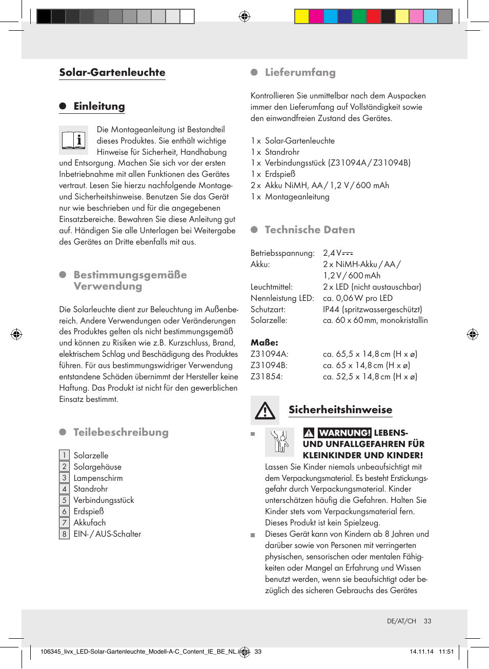 Solar-gartenleuchte, Einleitung, Bestimmungsgemäße verwendung | Teilebeschreibung, Lieferumfang, Technische daten, Sicherheitshinweise | Livarno Z31094A/Z31094B/Z31854 User Manual | Page 33 / 38