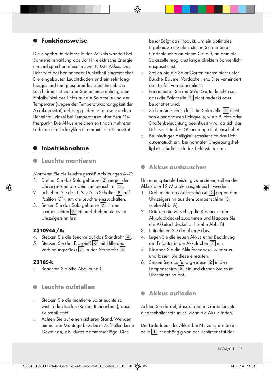 Funktionsweise, Inbetriebnahme, Leuchte montieren | Leuchte aufstellen, Akkus austauschen, Akkus aufladen | Livarno Z31094A/Z31094B/Z31854 User Manual | Page 35 / 38