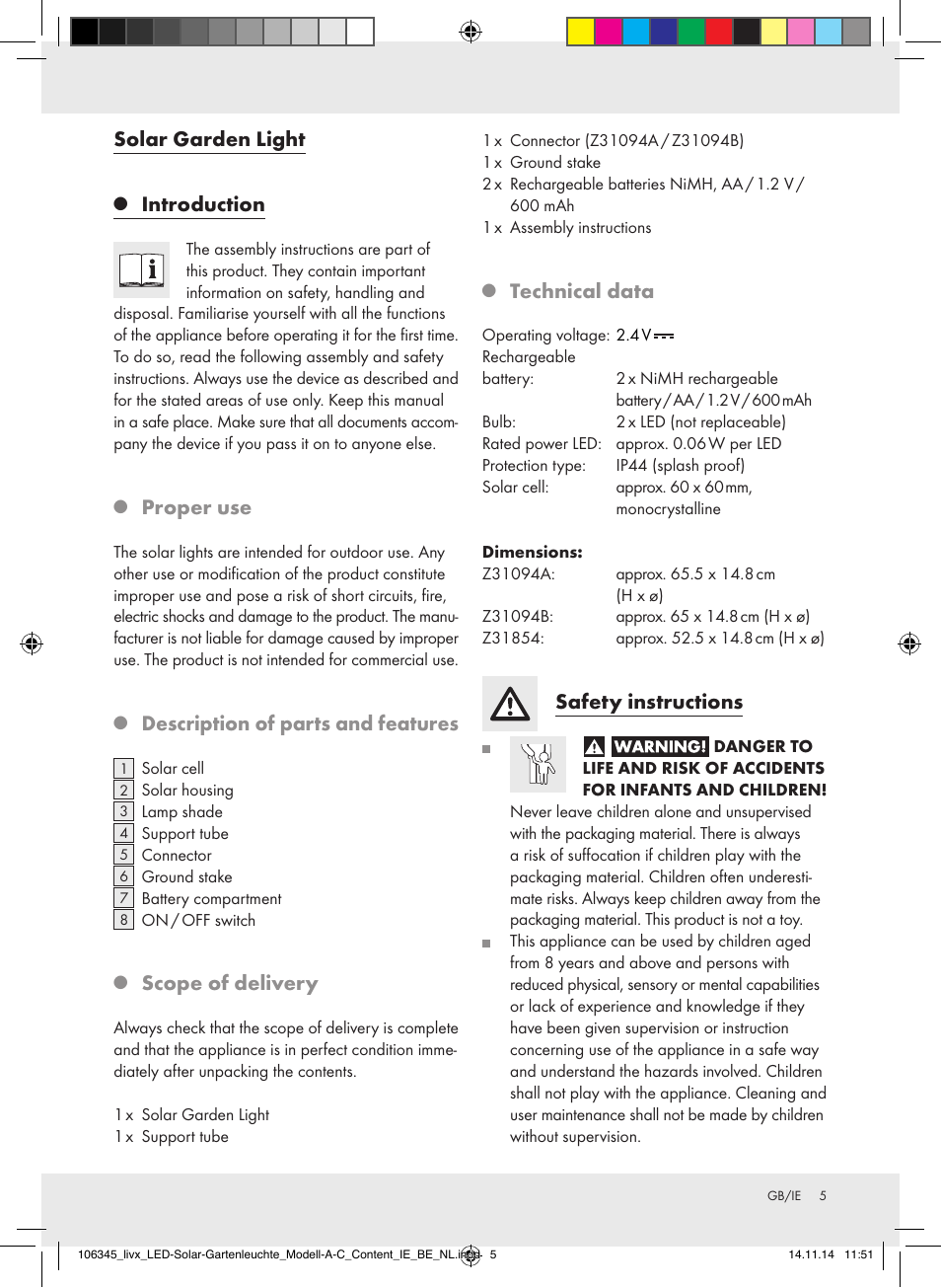 Solar garden light, Introduction, Proper use | Description of parts and features, Scope of delivery, Technical data, Safety instructions | Livarno Z31094A/Z31094B/Z31854 User Manual | Page 5 / 38