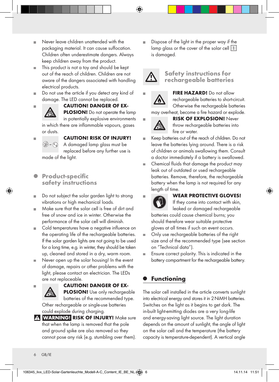 Product-specific safety instructions, Safety instructions for rechargeable batteries, Functioning | Livarno Z31094A/Z31094B/Z31854 User Manual | Page 6 / 38