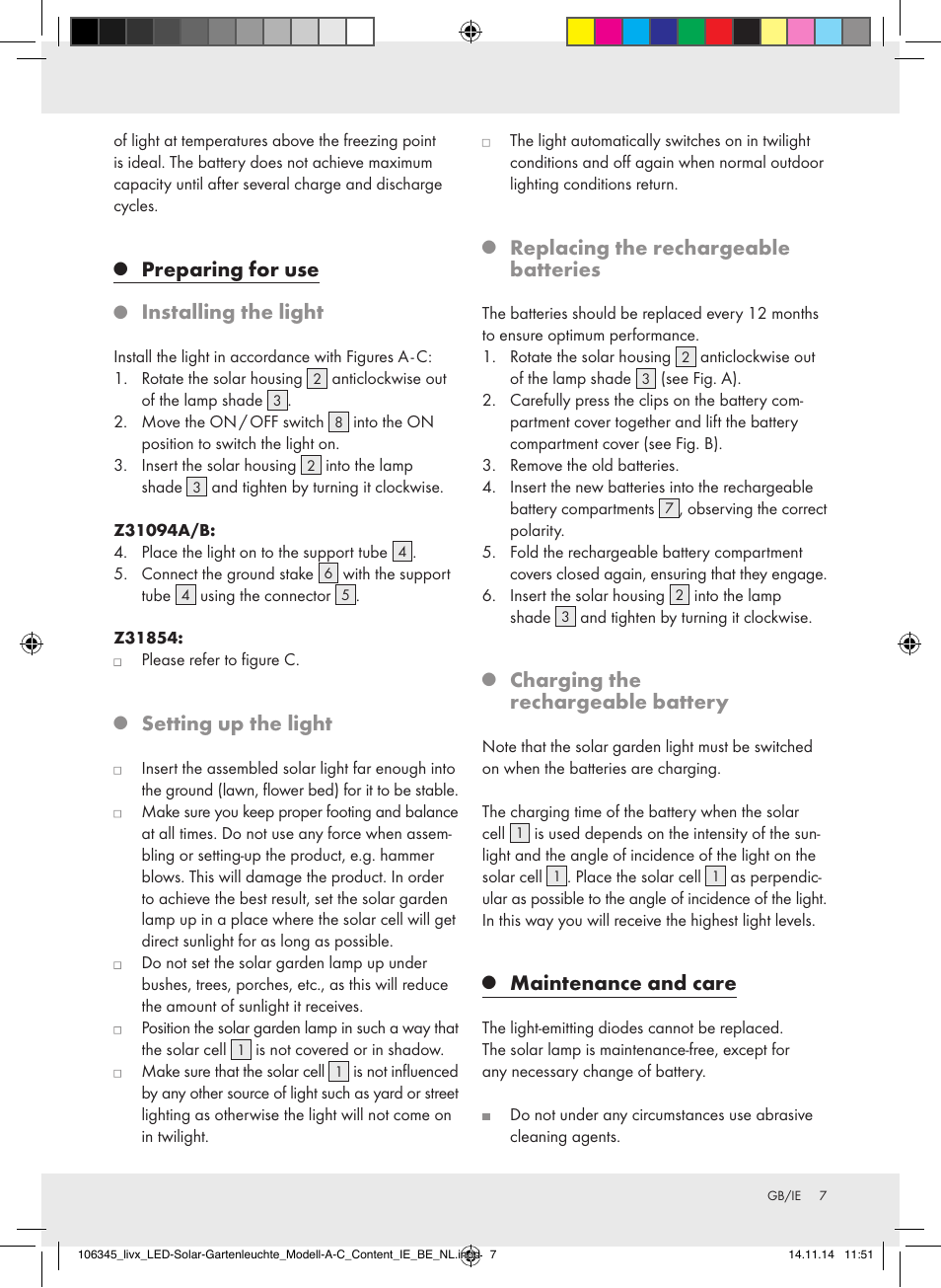 Preparing for use, Installing the light, Setting up the light | Replacing the rechargeable batteries, Charging the rechargeable battery, Maintenance and care | Livarno Z31094A/Z31094B/Z31854 User Manual | Page 7 / 38