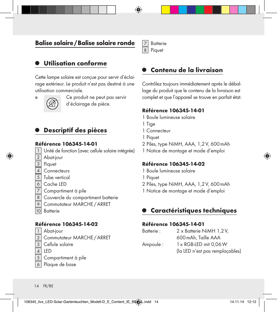 Balise solaire / balise solaire ronde, Utilisation conforme, Descriptif des pièces | Contenu de la livraison, Caractéristiques techniques | Livarno 106345-14-01/106345-14-02 User Manual | Page 14 / 37