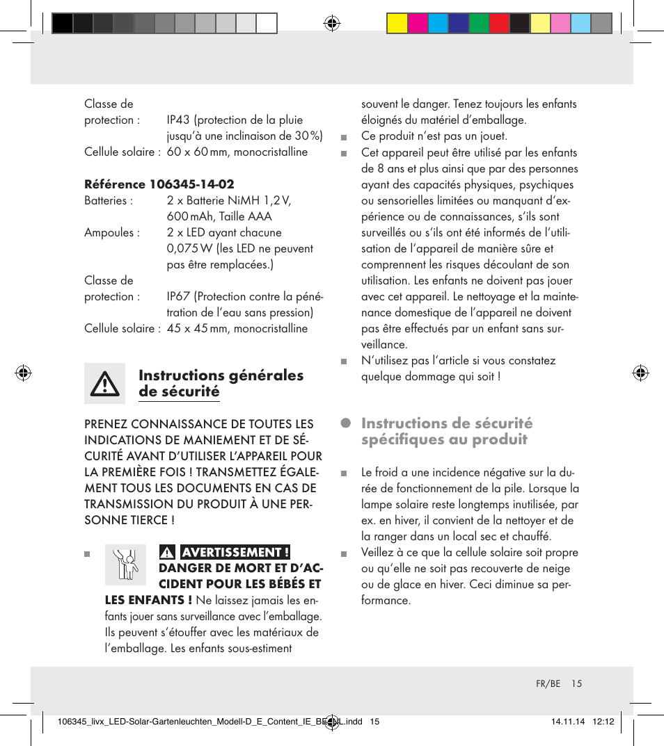 Instructions générales de sécurité, Instructions de sécurité spécifiques au produit | Livarno 106345-14-01/106345-14-02 User Manual | Page 15 / 37