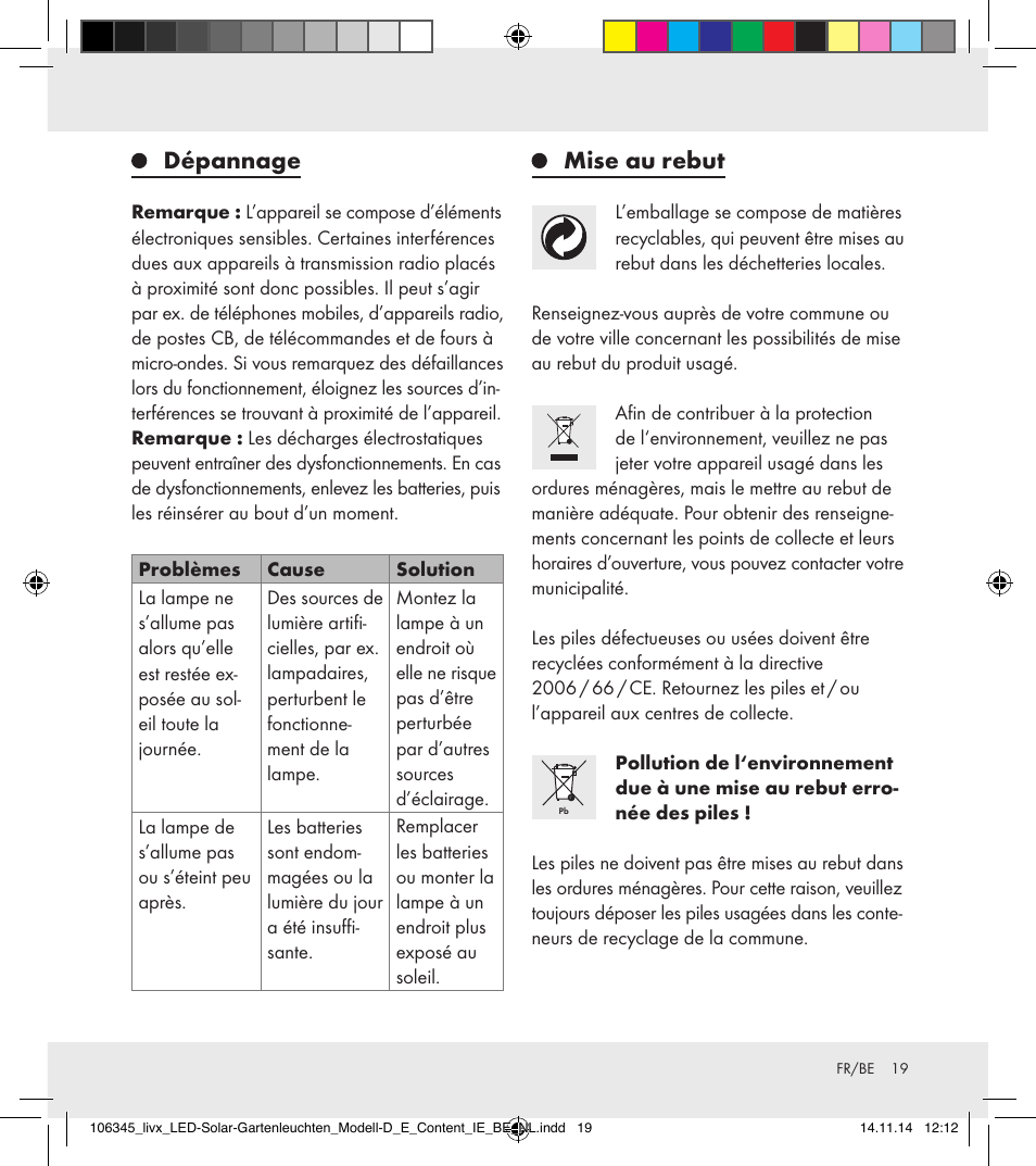 Dépannage, Mise au rebut | Livarno 106345-14-01/106345-14-02 User Manual | Page 19 / 37