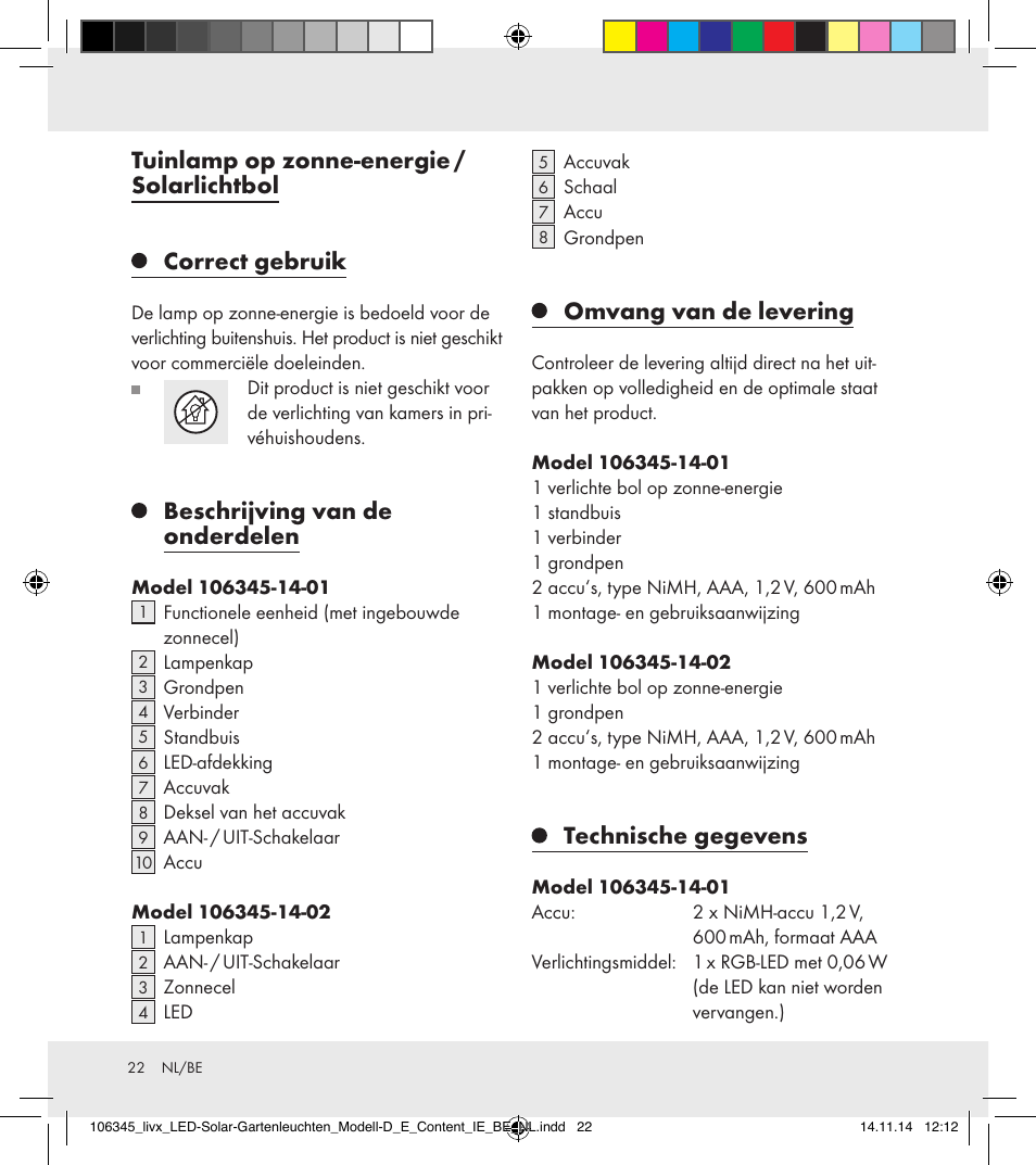 Tuinlamp op zonne-energie / solarlichtbol, Correct gebruik, Beschrijving van de onderdelen | Omvang van de levering, Technische gegevens | Livarno 106345-14-01/106345-14-02 User Manual | Page 22 / 37