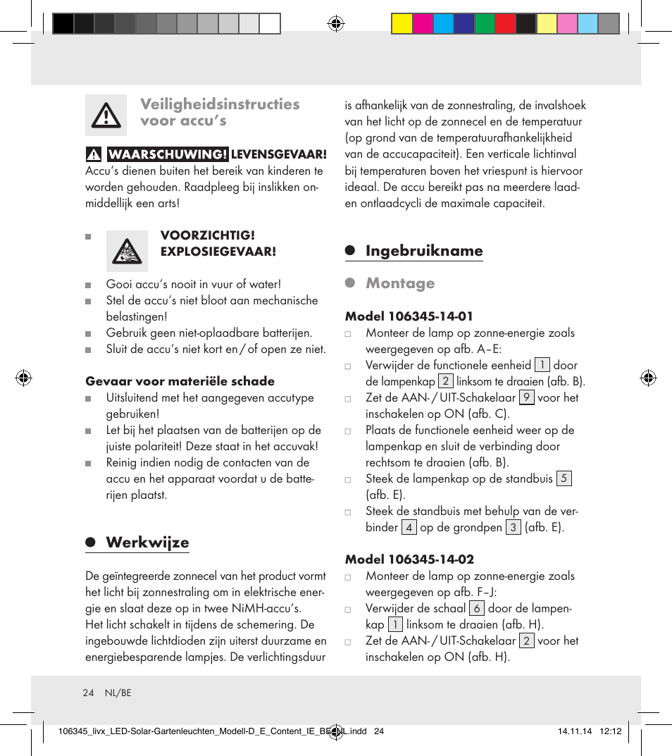 Veiligheidsinstructies voor accu’s, Werkwijze, Ingebruikname | Montage | Livarno 106345-14-01/106345-14-02 User Manual | Page 24 / 37