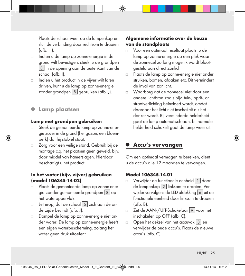 Lamp plaatsen, Accu‘s vervangen | Livarno 106345-14-01/106345-14-02 User Manual | Page 25 / 37