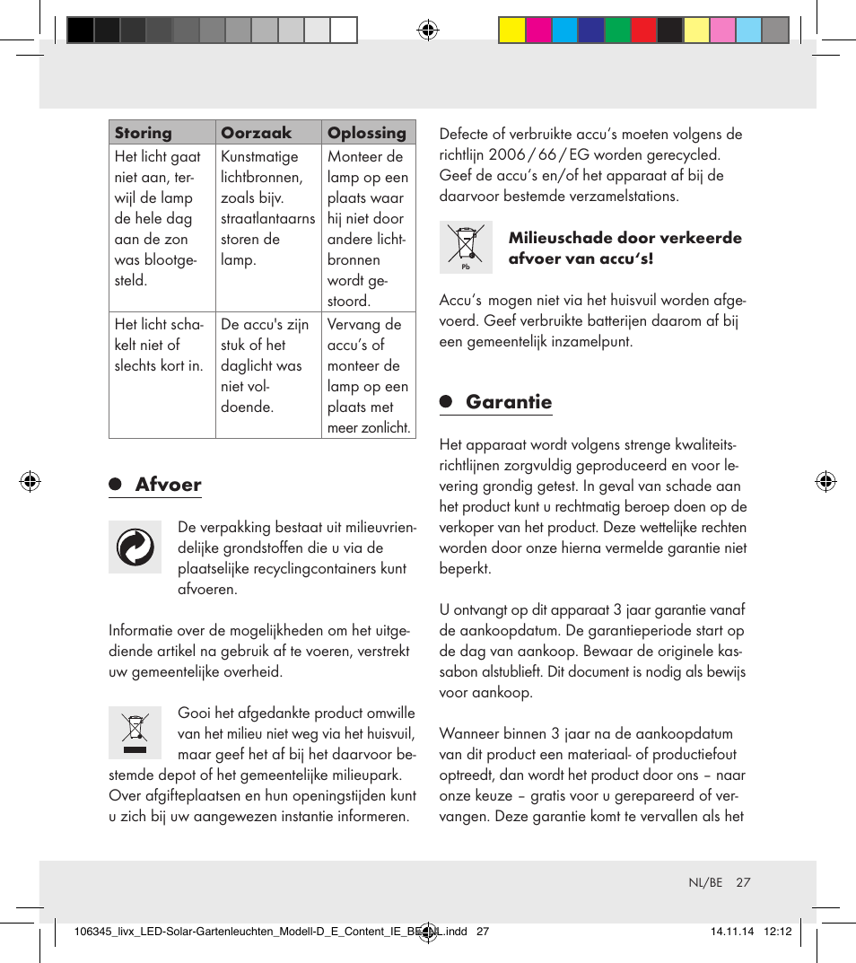 Afvoer, Garantie | Livarno 106345-14-01/106345-14-02 User Manual | Page 27 / 37