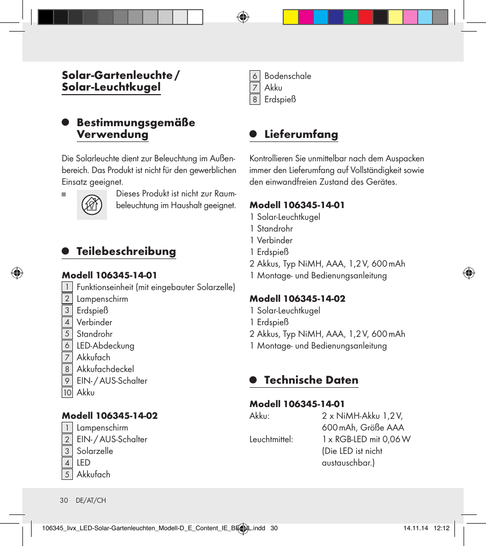 Solar-gartenleuchte / solar-leuchtkugel, Bestimmungsgemäße verwendung, Teilebeschreibung | Lieferumfang, Technische daten | Livarno 106345-14-01/106345-14-02 User Manual | Page 30 / 37