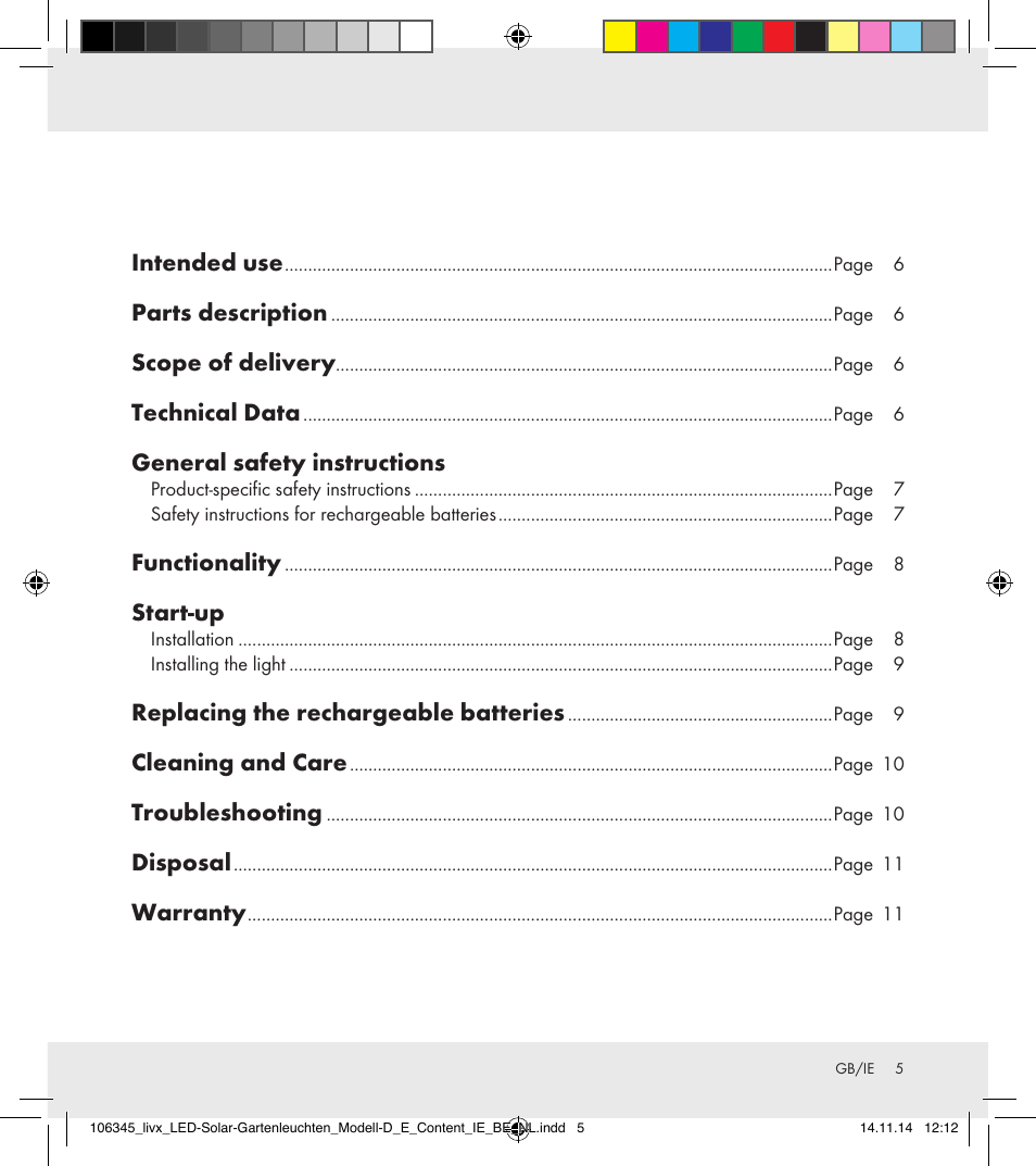 Intended use, Parts description, Scope of delivery | Technical data, General safety instructions, Functionality, Start-up, Replacing the rechargeable batteries, Cleaning and care, Troubleshooting | Livarno 106345-14-01/106345-14-02 User Manual | Page 5 / 37