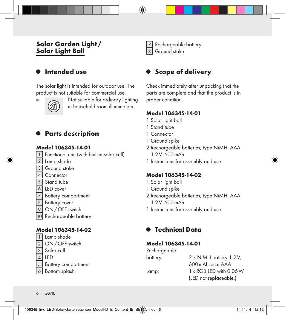 Solar garden light / solar light ball, Intended use, Parts description | Scope of delivery, Technical data | Livarno 106345-14-01/106345-14-02 User Manual | Page 6 / 37