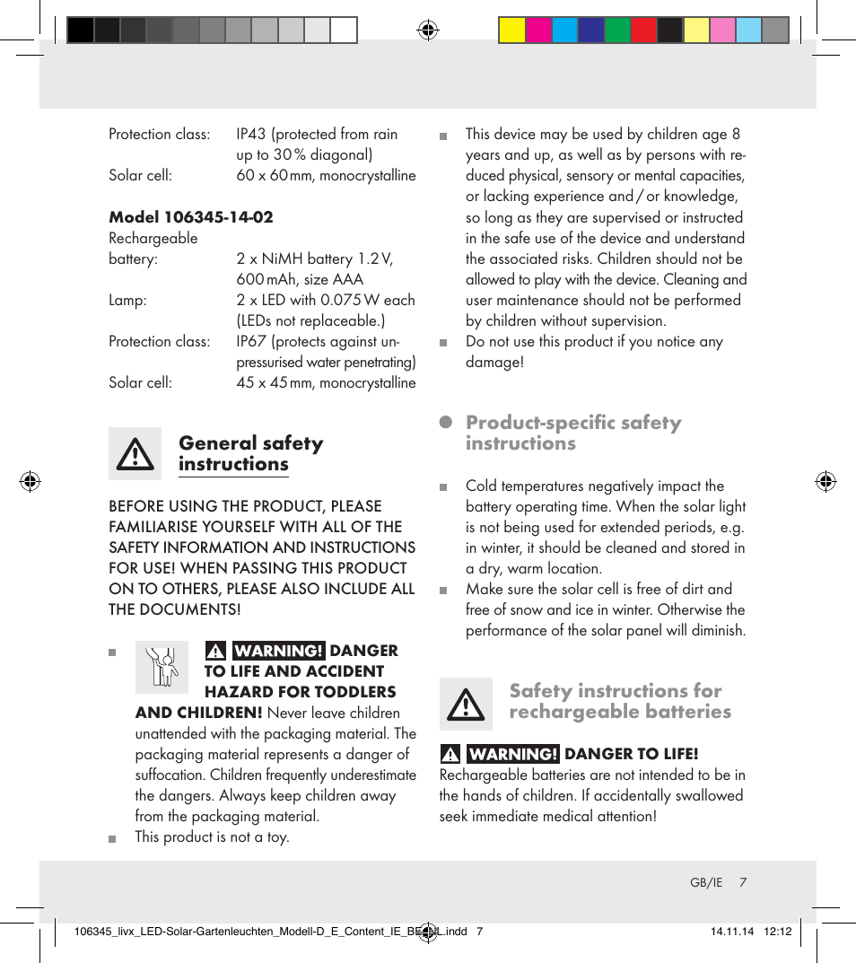 General safety instructions, Product-specific safety instructions, Safety instructions for rechargeable batteries | Livarno 106345-14-01/106345-14-02 User Manual | Page 7 / 37