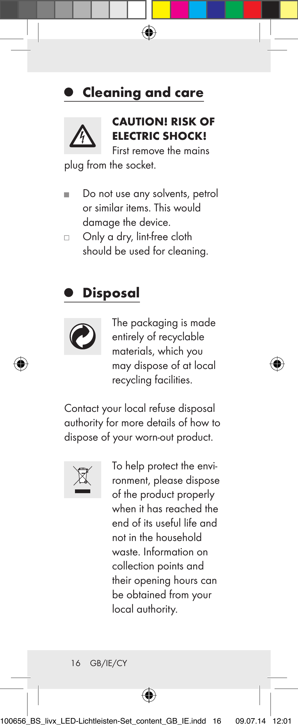 Cleaning and care, Disposal | Livarno 100656-14-01/ 100656-14-02 User Manual | Page 16 / 32