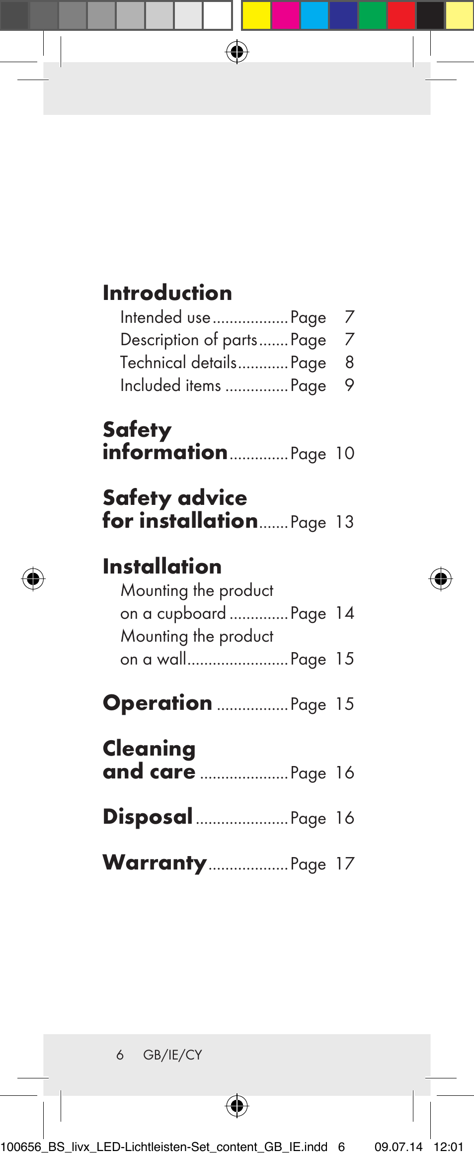 Introduction, Safety information, Safety advice for installation | Installation, Operation, Cleaning and care, Disposal, Warranty | Livarno 100656-14-01/ 100656-14-02 User Manual | Page 6 / 32