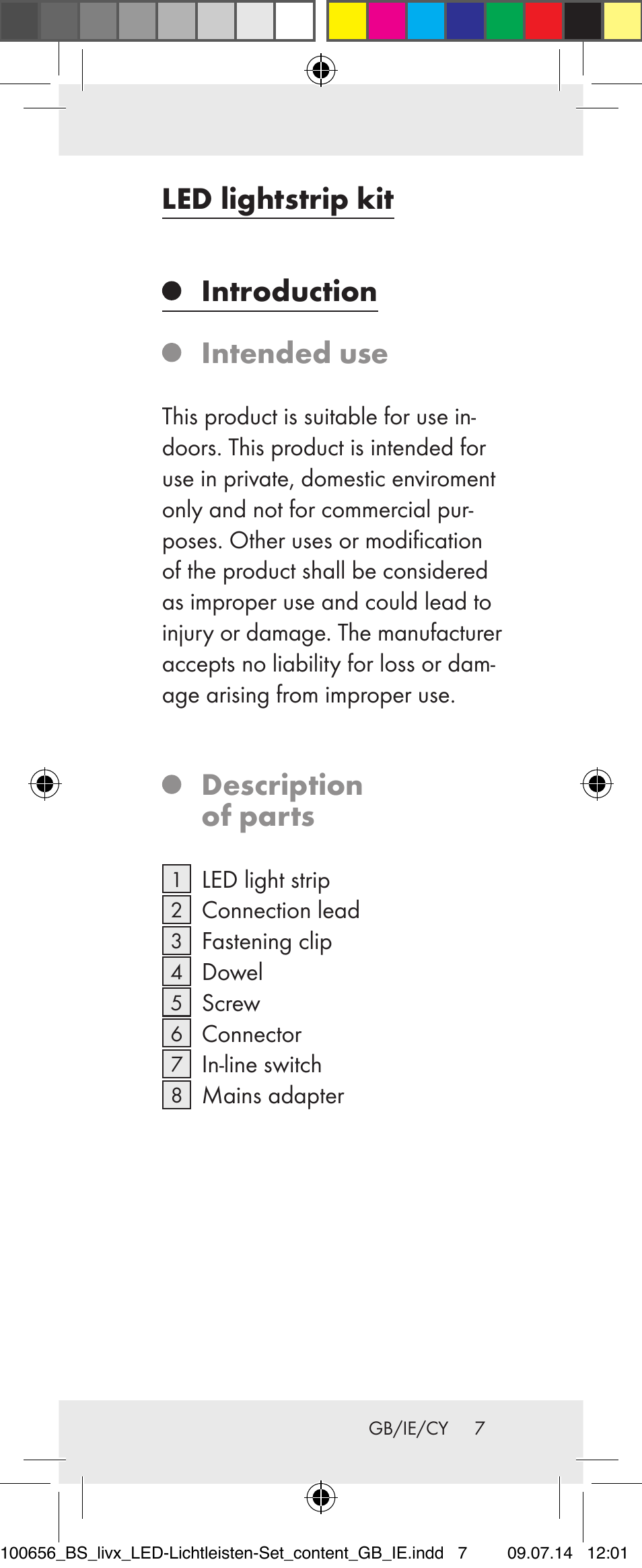 Led lightstrip kit introduction intended use, Description of parts | Livarno 100656-14-01/ 100656-14-02 User Manual | Page 7 / 32
