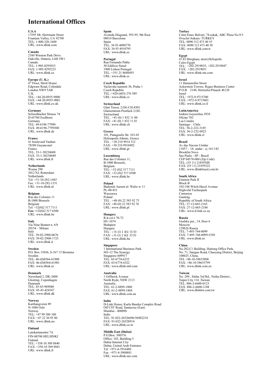 International offices | D-Link VOIP TA DVG-5112S User Manual | Page 59 / 62