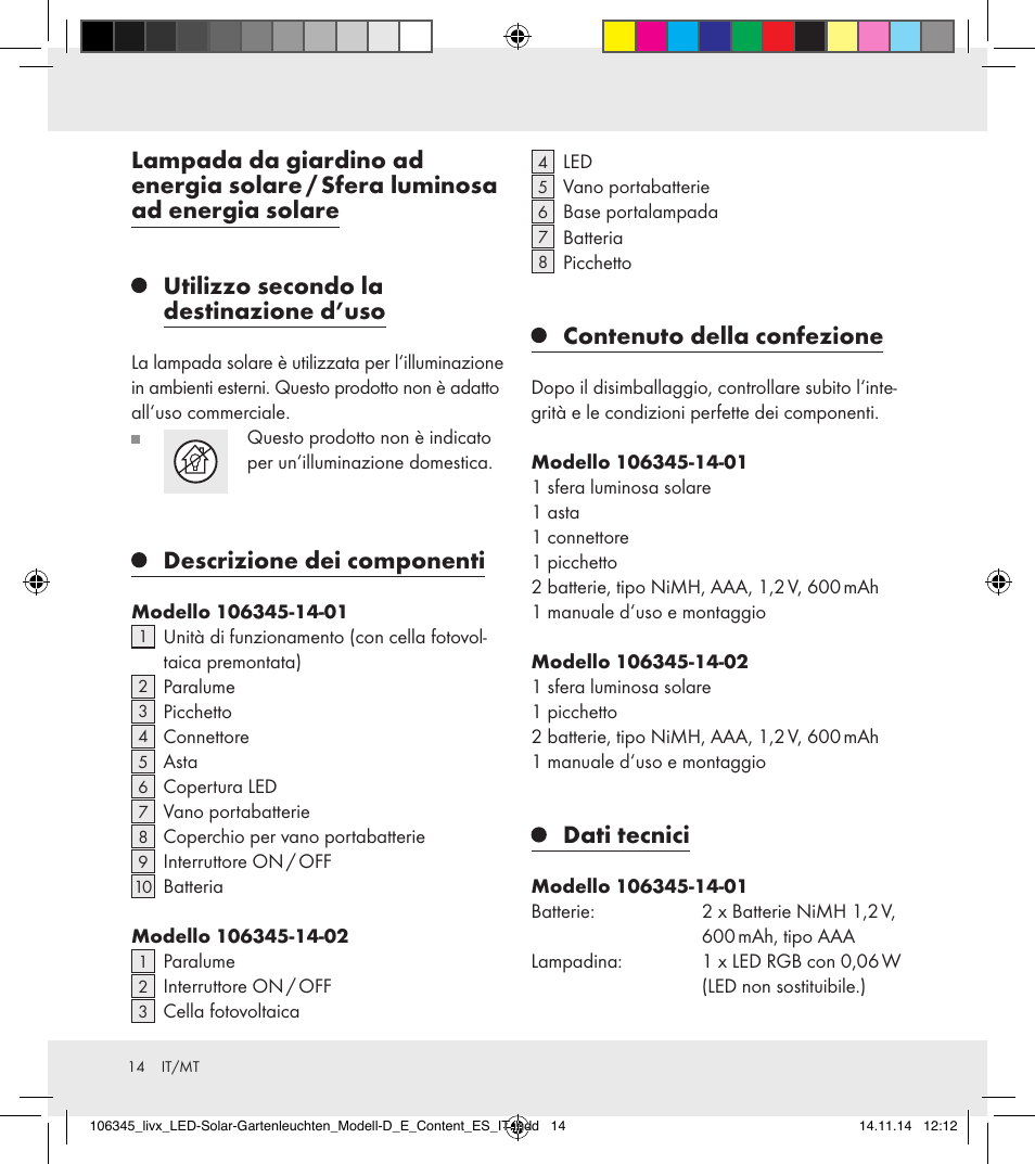 Utilizzo secondo la destinazione d’uso, Descrizione dei componenti, Contenuto della confezione | Dati tecnici | Livarno 106345-14-01/106345-14-02 User Manual | Page 14 / 37