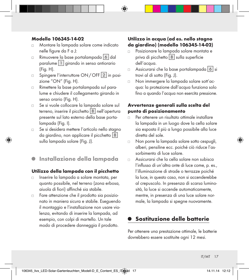 Installazione della lampada, Sostituzione delle batterie | Livarno 106345-14-01/106345-14-02 User Manual | Page 17 / 37